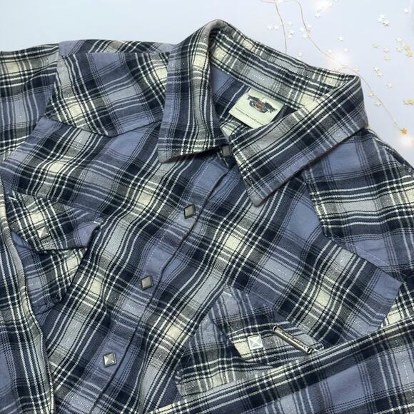 HARLEY DAVIDSON Studded Metallic Plaid Button Up Shirt Motorcycle Hipster Skate - Picture 1 of 9